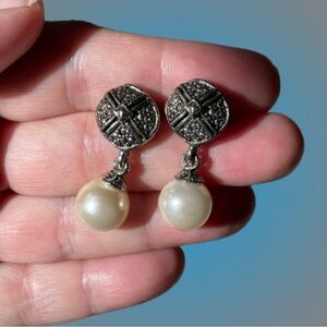 Vintage silvertone & faux pearl drop earrings faux marcasite